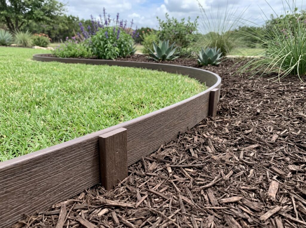 Composite Landscape Edging Board landscape edging shown as dark composite board bordering a gravel garden bed.