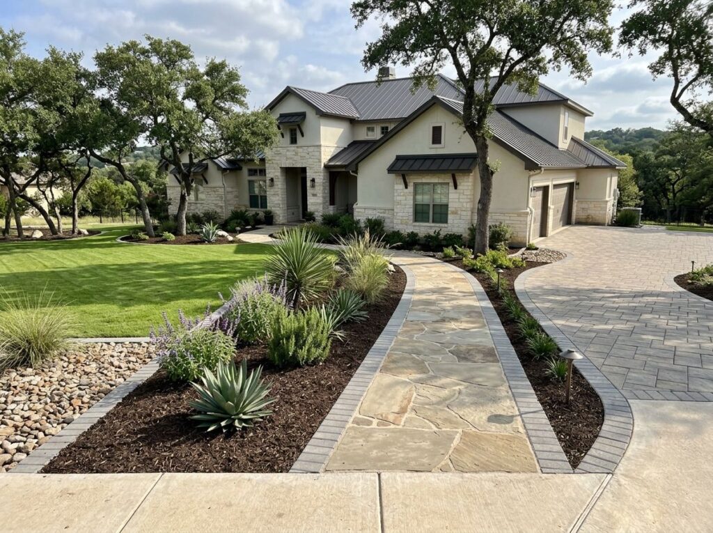 Concrete Paver Border Stones landscape edging installed as a neat concrete border along a garden bed.