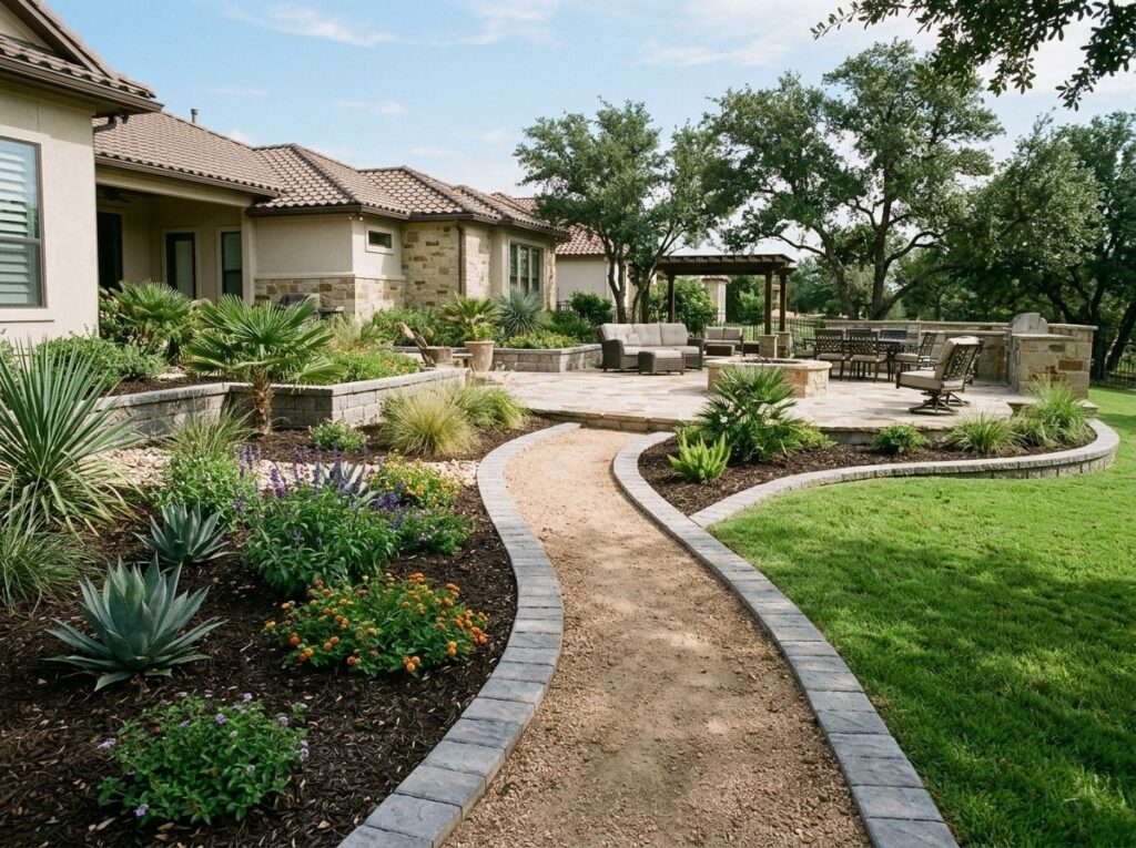 Concrete Paver Border Stones landscape edging installed as gray concrete border along paver walkway and lawn.