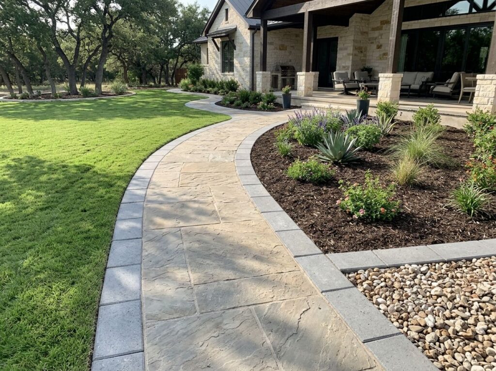 Concrete Paver Border Stones landscape edging set in a curved line, separating lawn from a mulched bed.
