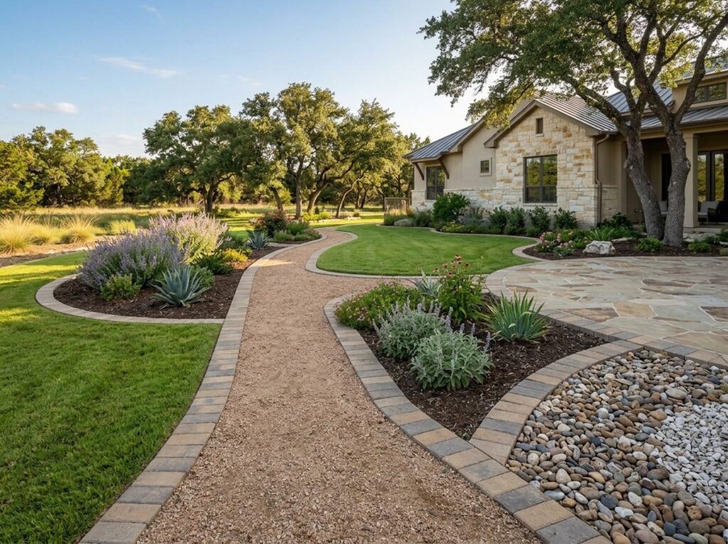 Concrete Paver Border Stones landscape edging installed as a gray concrete paver border along a garden bed.