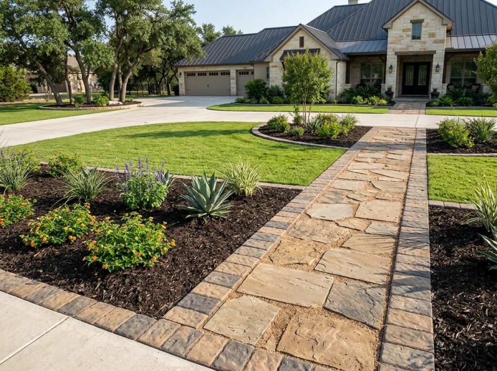 Concrete Paver Border Stones landscape edging installed along a garden bed, gray concrete pavers forming a neat border.