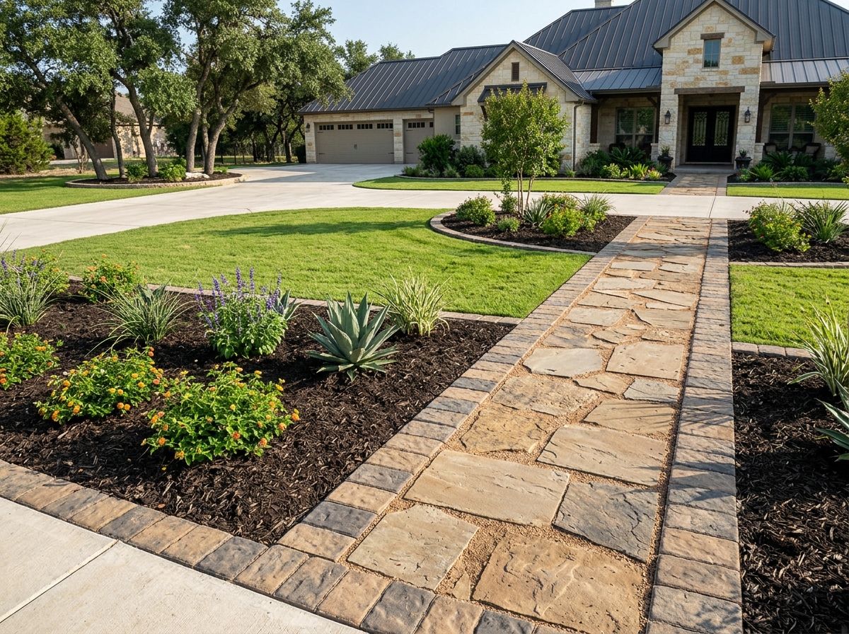 Concrete Paver Border Stones landscape edging installed along a garden bed, gray concrete pavers forming a neat border.