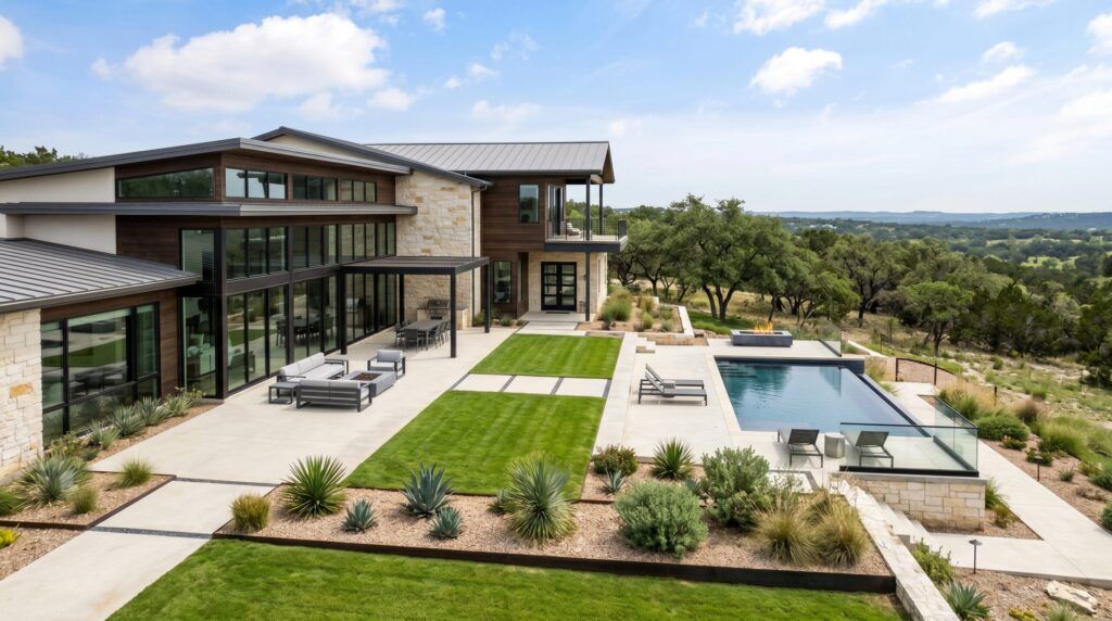 Contemporary Modern backyard landscape with modern concrete patio, structured lawn, minimalist planting beds
