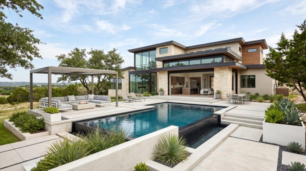 Contemporary modern backyard seating area with sleek concrete pavers, minimalist planters and low greenery.