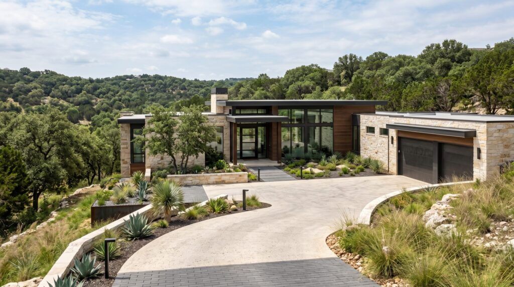 Contemporary modern entry approach with clean-line pavers, architectural grasses, and minimalist landscape lighting.
