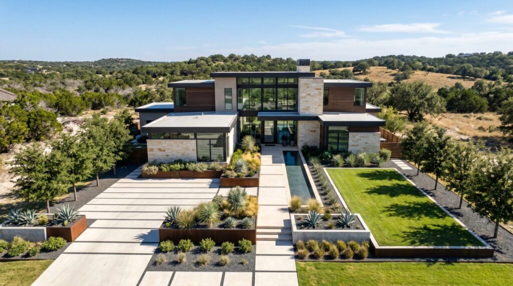 Contemporary modern front yard with geometric paver paths, gravel beds, and sculpted shrubs, elevated view