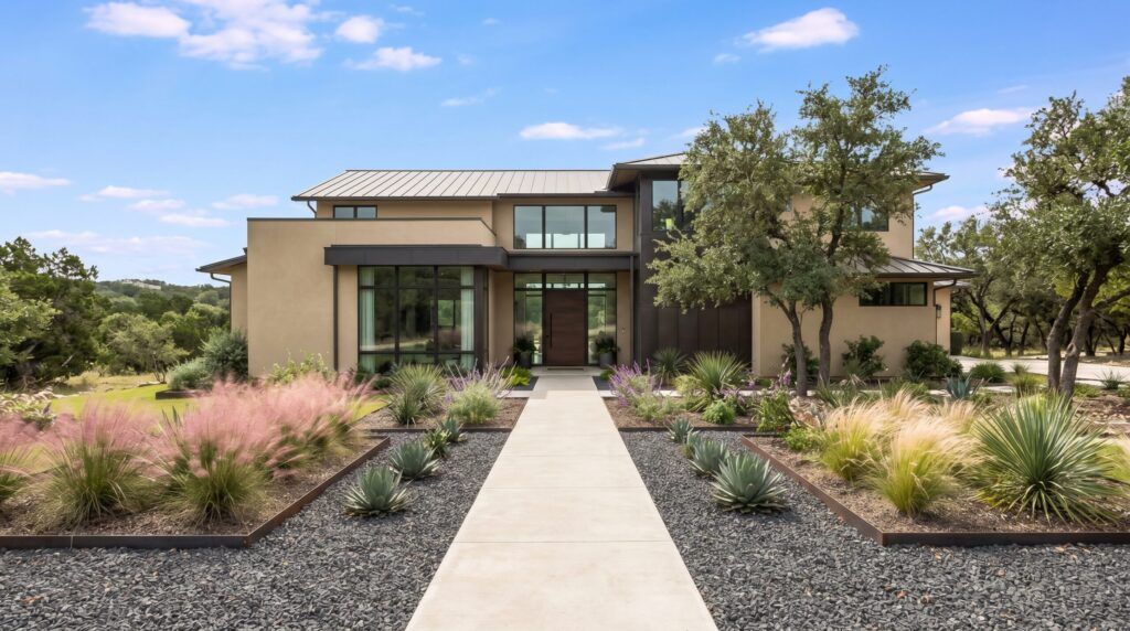 Contemporary modern front yard landscape with linear concrete walkway and rectangular planting beds