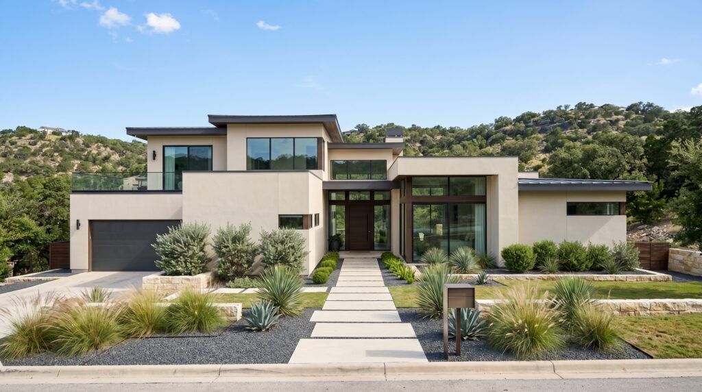 Modern Hill Country landscape design with gravel mulch, limestone boulders, agave and native shrubs for xeriscape drought-tolerant landscaping.