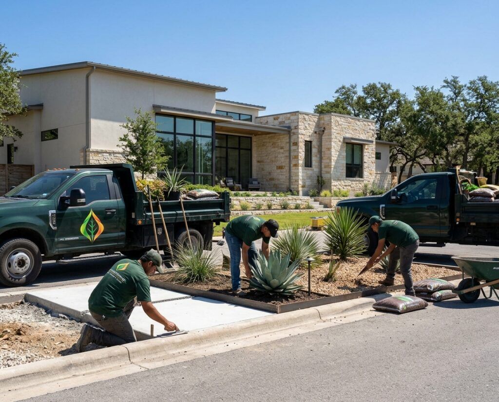 Landscapers place rock mulch and agaves in xeriscape landscape installation for drought-tolerant landscape design.