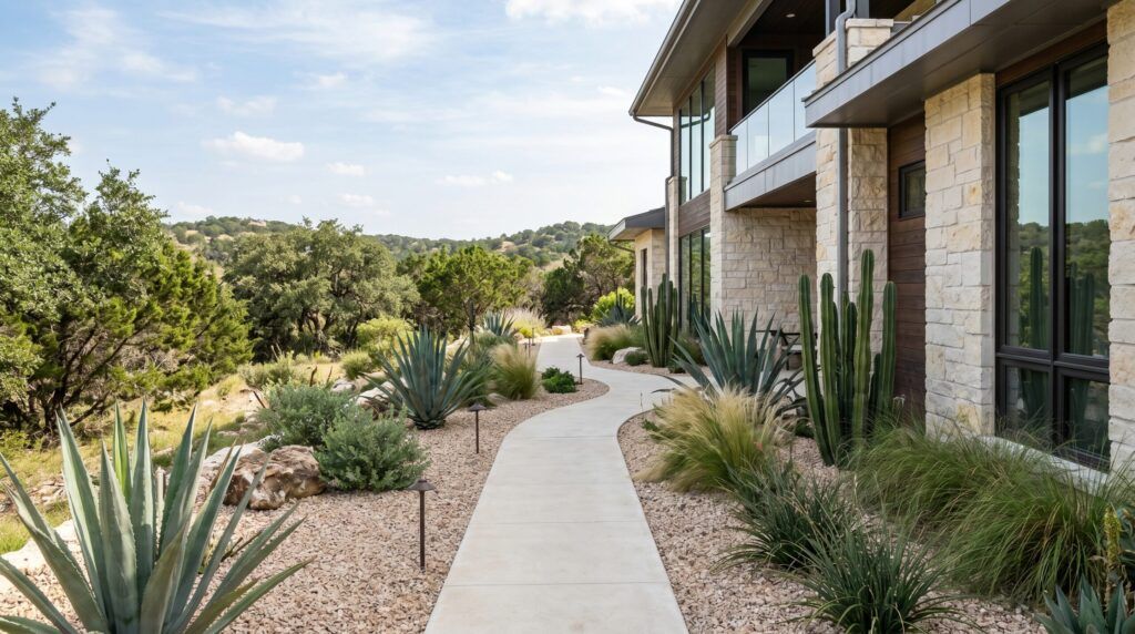 Contemporary modern side yard landscaping with narrow concrete path, gravel ground cover, clean lines