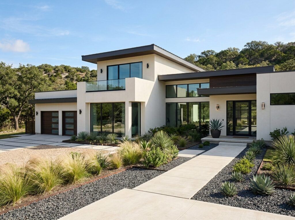 After modern landscape design with xeriscape gravel beds and drought-tolerant landscaping around a contemporary home.