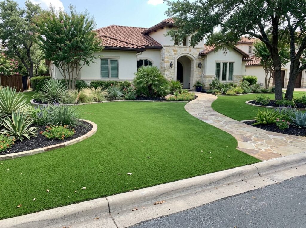 Elite Lawn Pro Turf artificial turf installed in a backyard in San Antonio, TX, with workers securing seams.