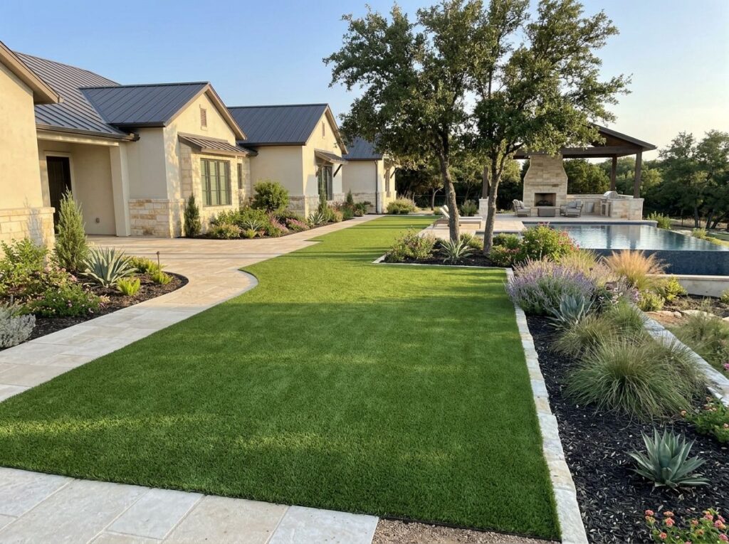Elite Lawn Pro Turf artificial turf being installed on a backyard patio area in San Antonio, TX.