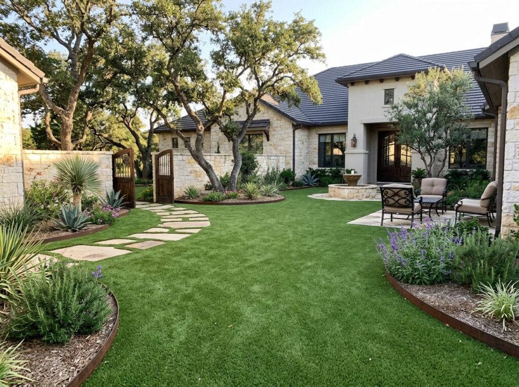 Elite Lawn Pro Turf artificial turf installed in a San Antonio, TX backyard, showing fresh green lawn finish.