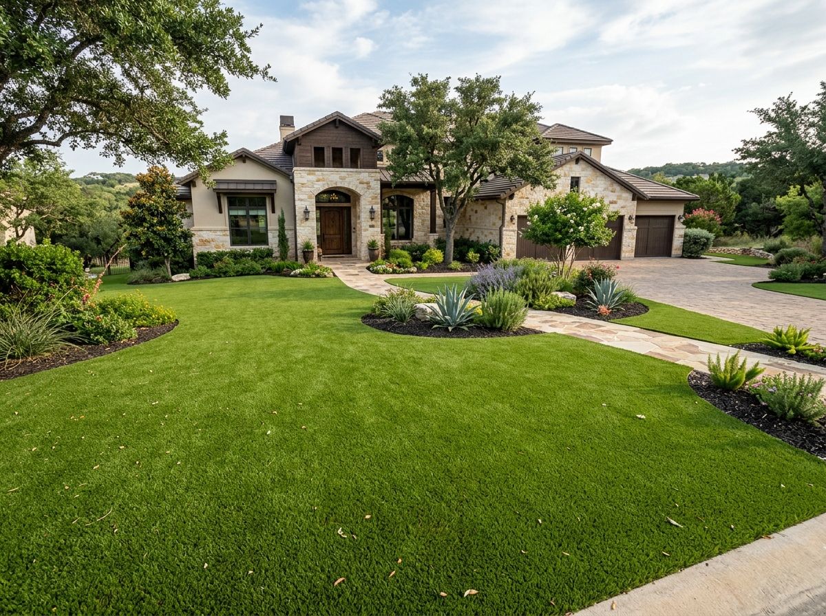 Crew installing Elite Lawn Pro Turf artificial turf in a San Antonio, TX yard, smoothing seams for a neat finish.