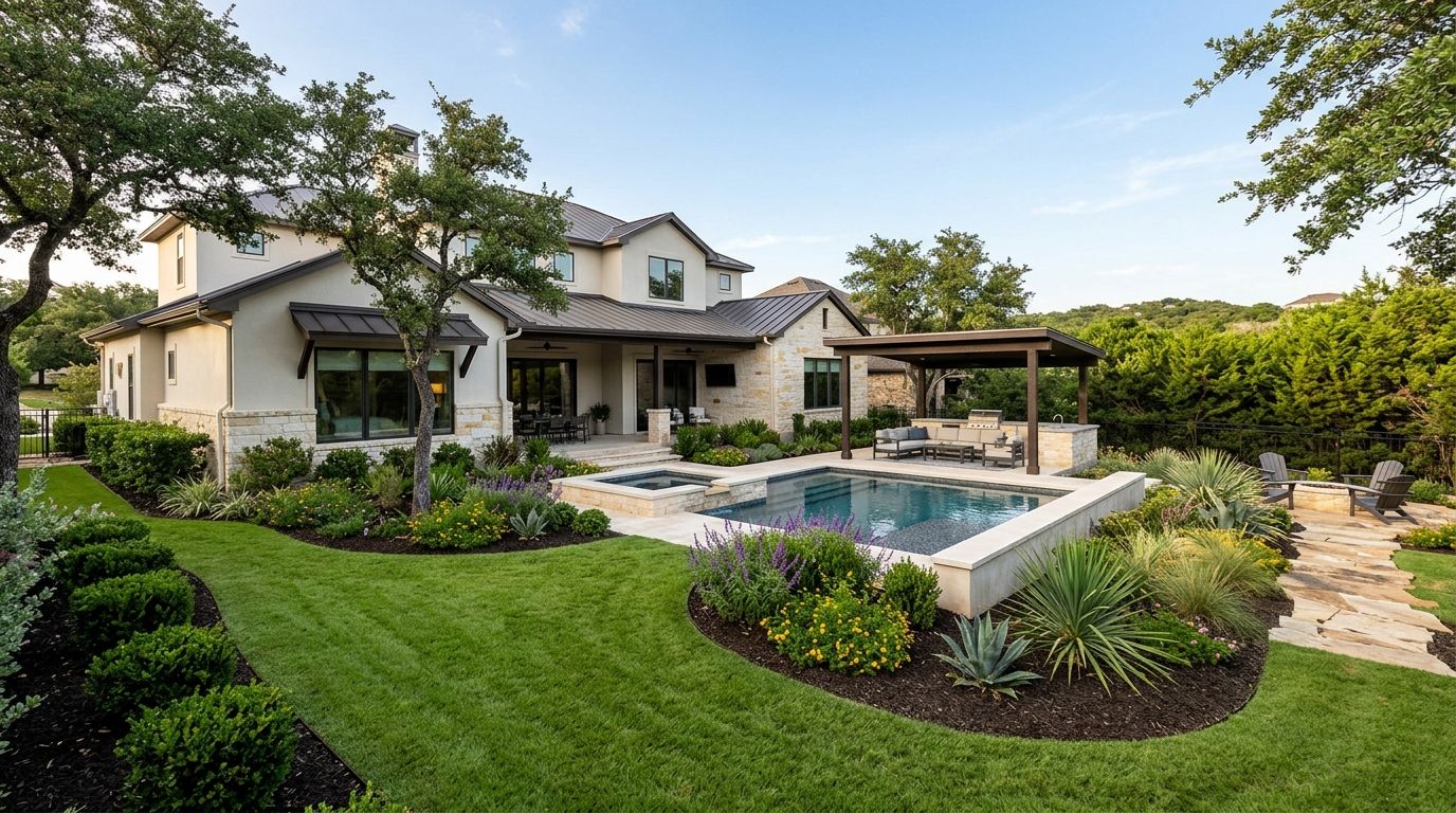 Encino Park luxury home landscape installation with lush lawn, layered shrubs, and stone-edged flower beds