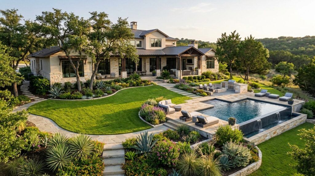 Lush landscape installation with manicured lawn, shrubs, and stone edging at Encino Park home