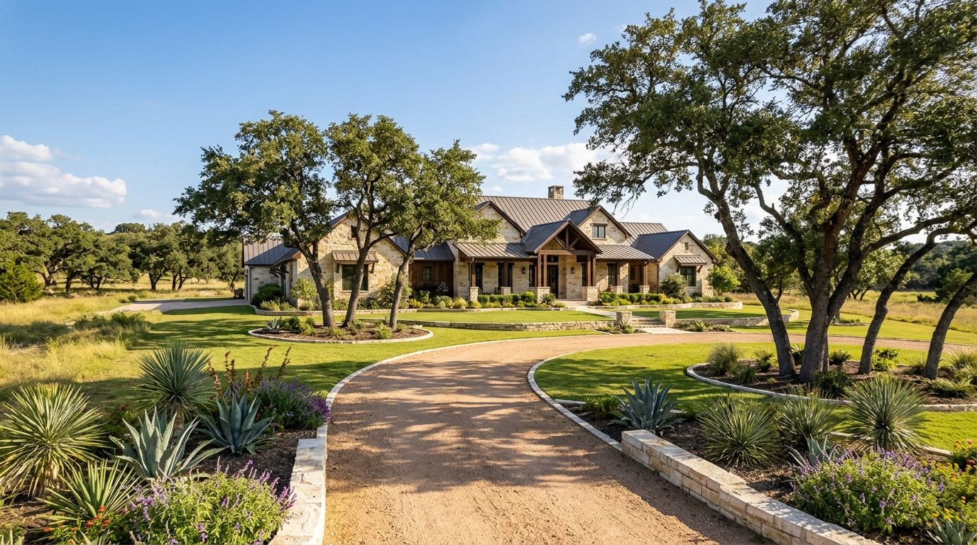 Fair Oaks Ranch Hill Country estate home with completed front yard landscaping, stone edging, drought-tolerant plants