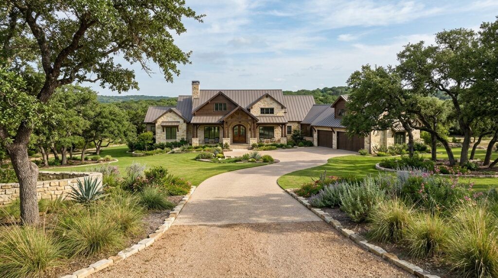 Completed hill country estate landscape with stone walkway, native plants, and outdoor lighting