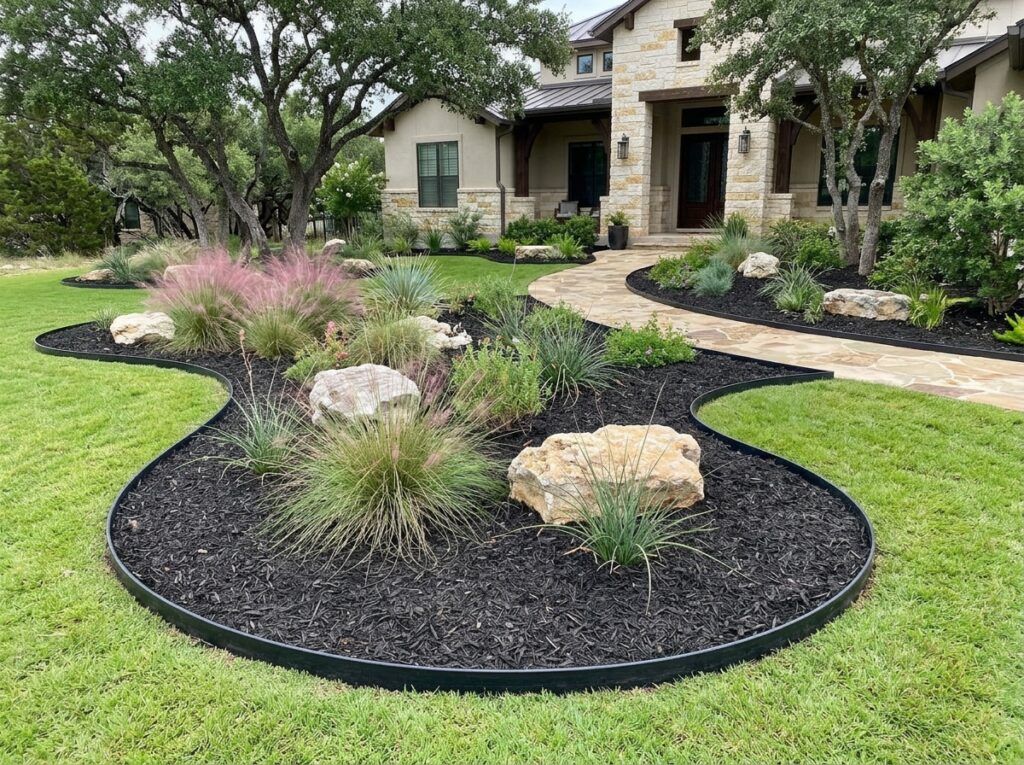 Flexible Recycled Plastic Landscape Edging landscape edging forms a curved black border between mulch bed and lawn.