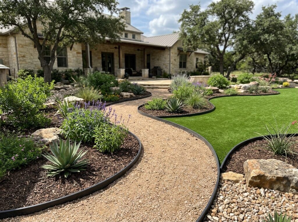 Flexible Recycled Plastic Landscape Edging landscape edging installed as a black border separating mulch bed from lawn.