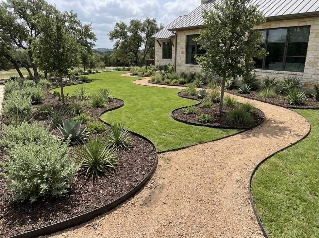 Flexible Recycled Plastic Landscape Edging installed as landscape edging, a black strip separating mulch from grass.