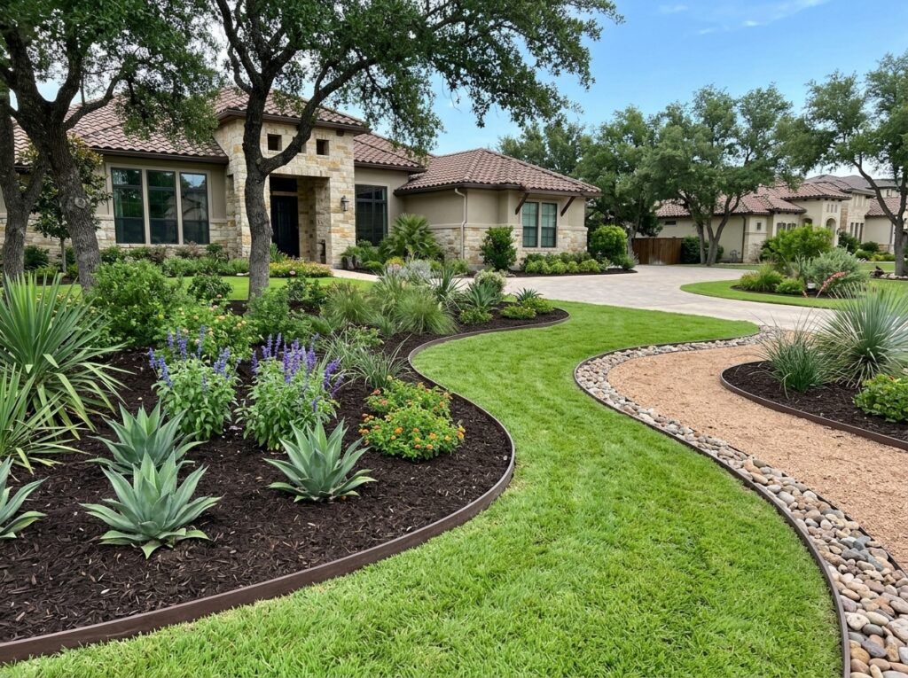 Flexible Recycled Plastic Landscape Edging installed as curved black landscape edging separating mulch bed from lawn.