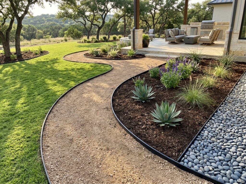 Flexible Recycled Plastic Landscape Edging installed as black curved landscape edging border separating mulch bed from lawn.