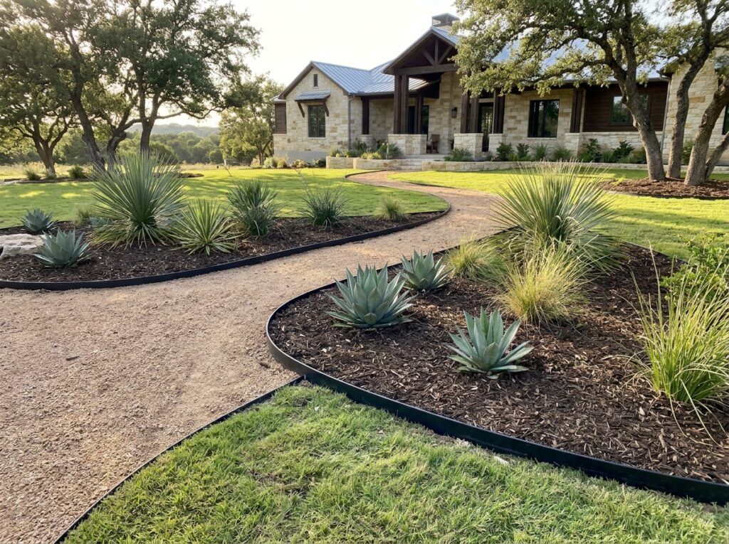 Flexible Recycled Plastic Landscape Edging landscape edging installed in a curved line between mulch bed and lawn.