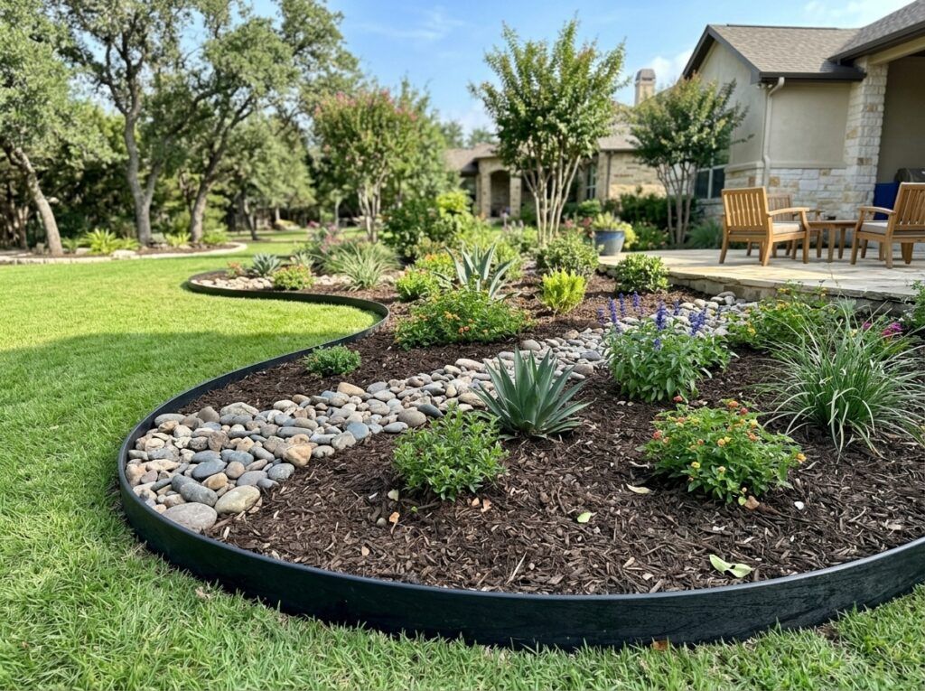 Flexible Recycled Plastic Landscape Edging landscape edging forming a low black border between mulch bed and lawn.
