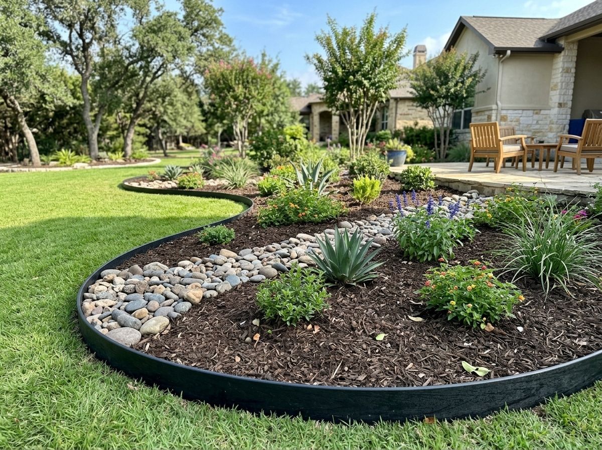 Flexible Recycled Plastic Landscape Edging landscape edging forming a low black border between mulch bed and lawn.