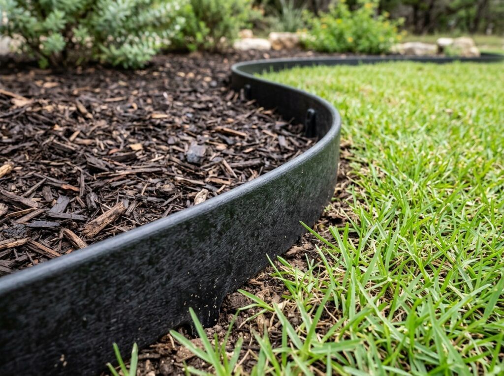 Flexible Recycled Plastic Landscape Edging landscape edging installed as a black flexible border between mulch bed and lawn.