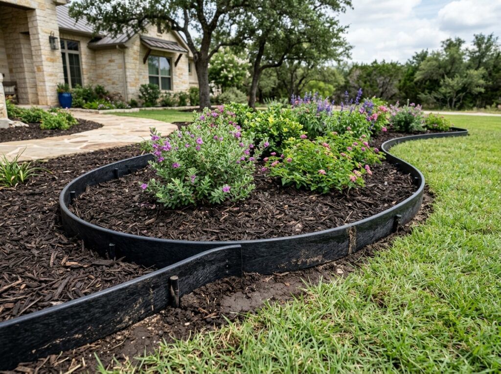 Flexible Recycled Plastic Landscape Edging landscape edging coil in black recycled plastic for garden borders.