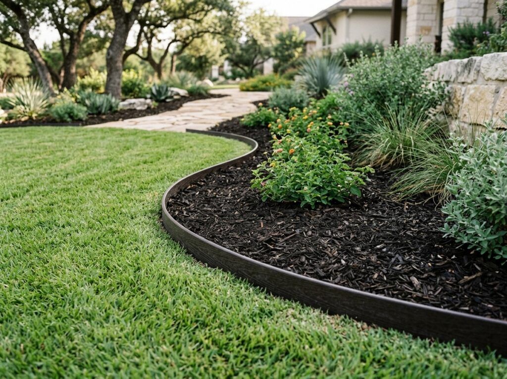 Flexible Recycled Plastic Landscape Edging installed as black landscape edging border along a mulch garden bed.
