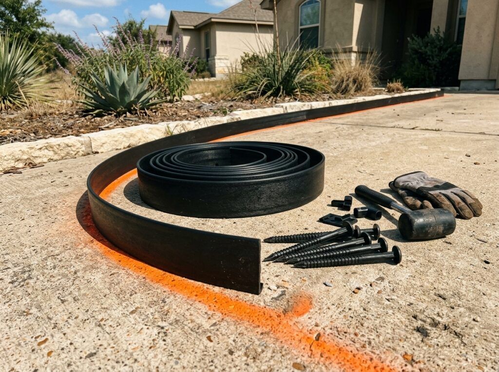 Flexible Recycled Plastic Landscape Edging landscape edging coil in black plastic for curving garden borders.