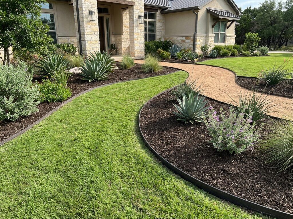 Flexible Recycled Plastic Landscape Edging landscape edging installed in a curved border separating mulch from grass.