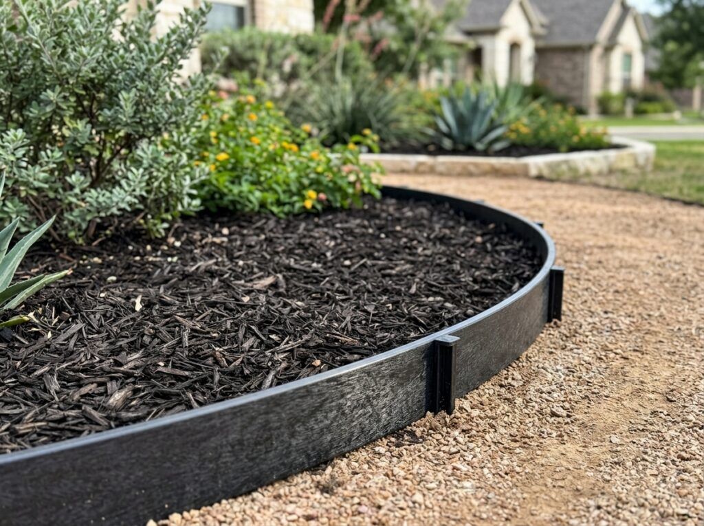 Flexible Recycled Plastic Landscape Edging landscape edging installed in a curved bed with black finish and stakes.