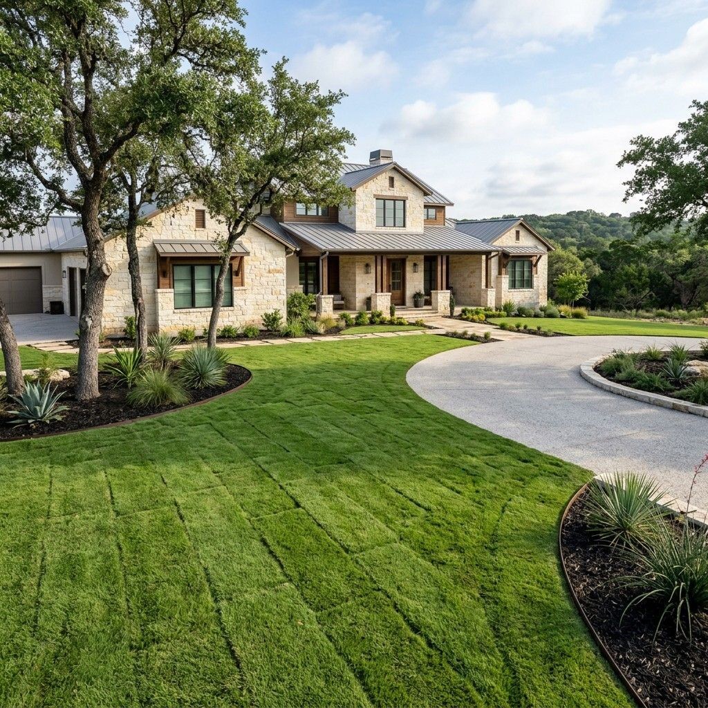 Helotes luxury home front yard artificial turfgrass installation with clean edging and low-maintenance green lawn