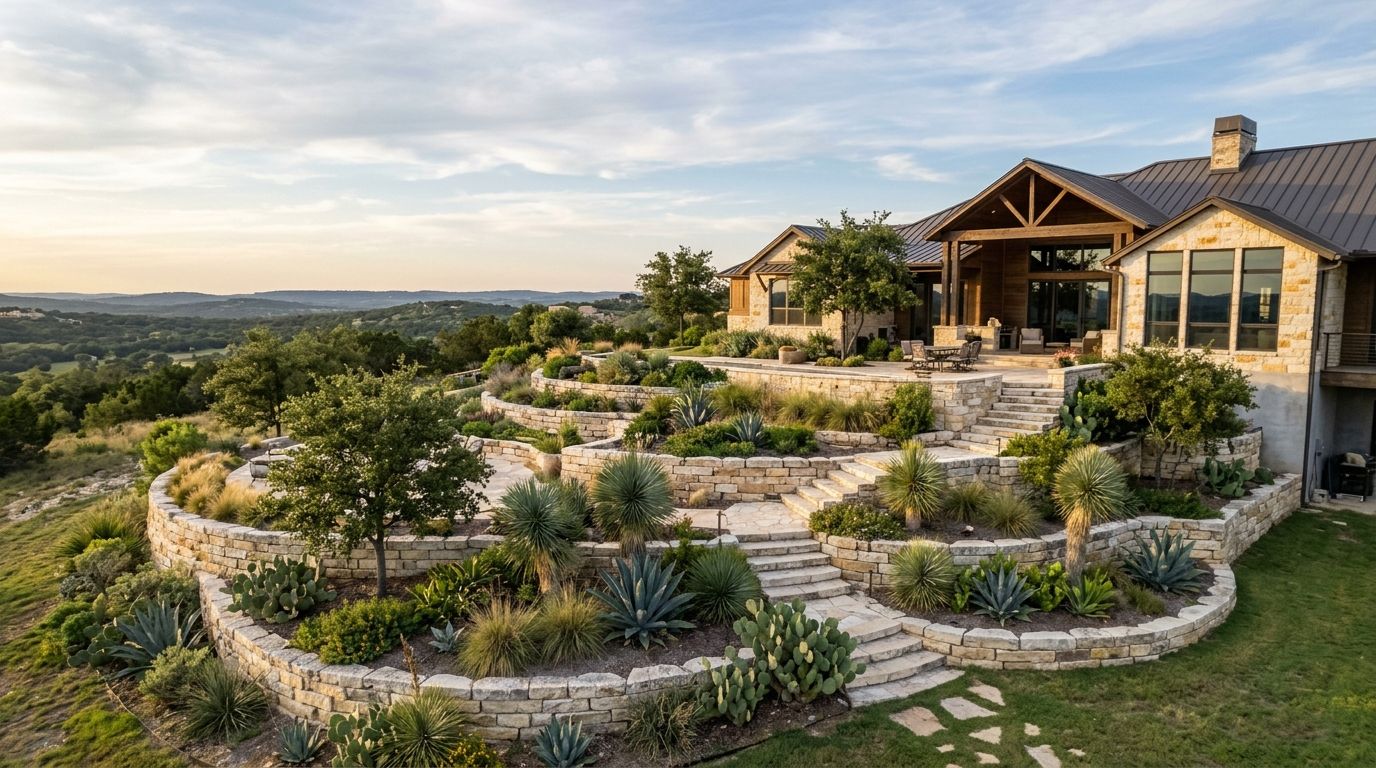 Helotes Hill Country luxury home terraced backyard landscape installation with stone retaining walls and plants