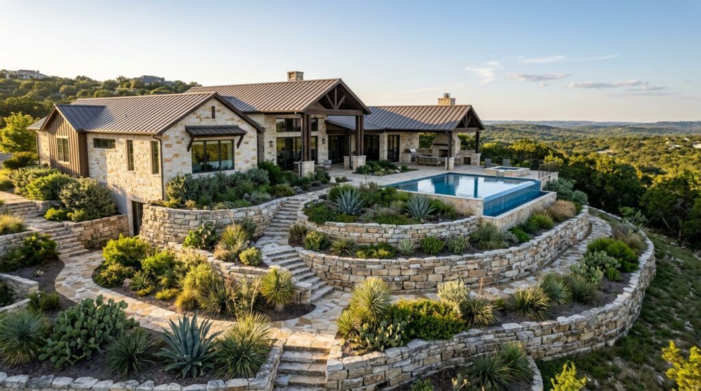 Helotes Hill Country luxury home terraced backyard landscape with stone retaining walls, steps, and planting beds