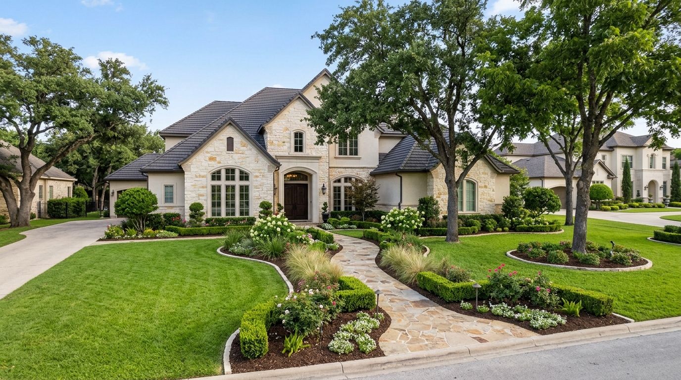 Hollywood Park luxury home with new landscape installation, stone edging, lush lawn, shrubs and lighting