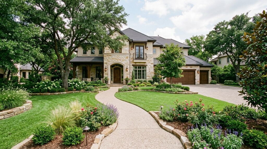 Hollywood Park luxury home landscape installation with manicured lawn, stone walkway, shrubs, lighting