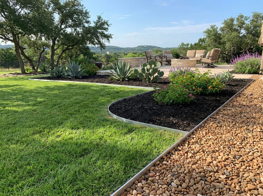 Interlocking Aluminum Landscape Edging landscape edging installed along a curved flower bed border in silver finish.