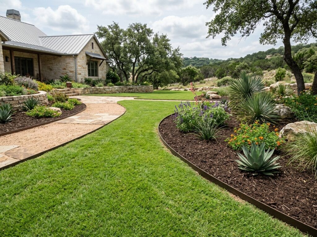 Interlocking Aluminum Landscape Edging landscape edging installed between lawn and mulch bed with silver metal border.