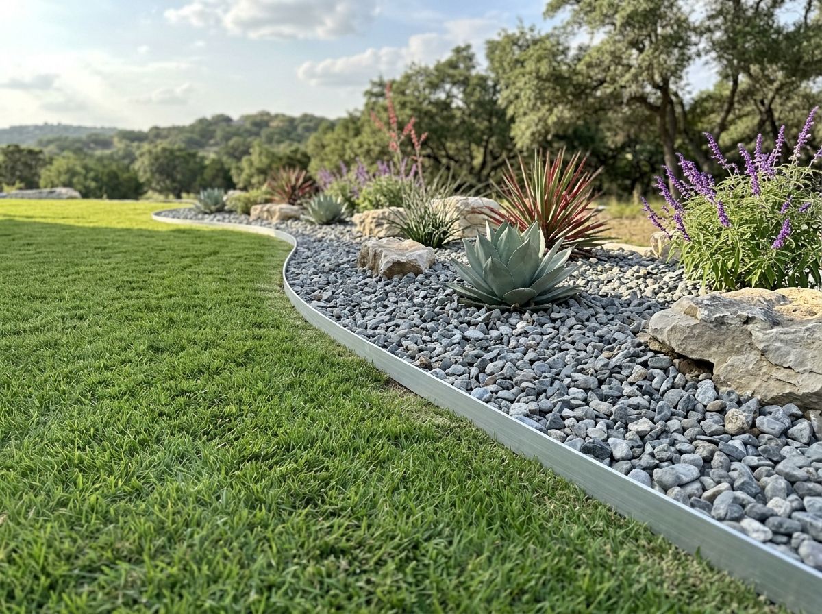 Interlocking Aluminum Landscape Edging landscape edging installed as a silver aluminum border separating mulch bed from lawn.