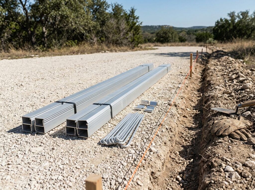 Interlocking Aluminum Landscape Edging landscape edging installed along lawn edge with silver interlocking aluminum.