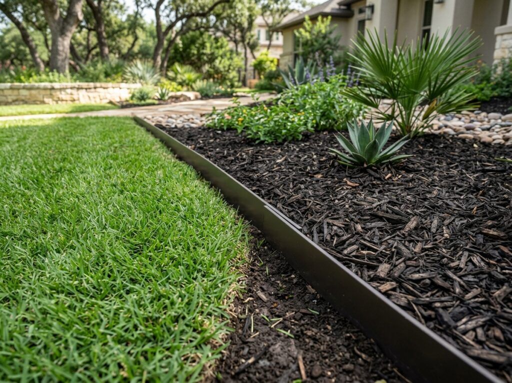 Interlocking Aluminum Landscape Edging landscape edging installed as black metal border between mulch and grass.
