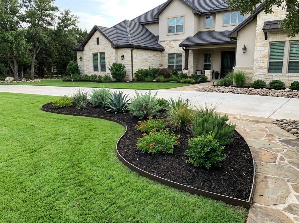 Interlocking Aluminum Landscape Edging landscape edging installed as a sleek silver border between lawn and mulch.