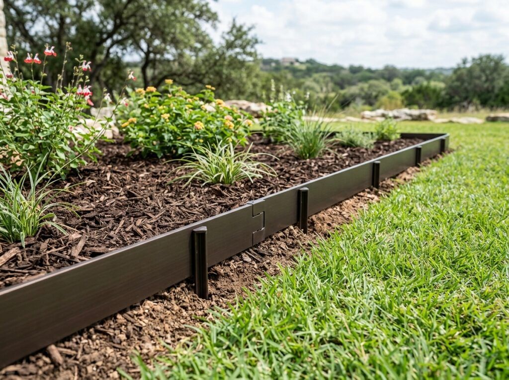 Interlocking Aluminum Landscape Edging landscape edging installed along a garden bed, black metal border with stakes.
